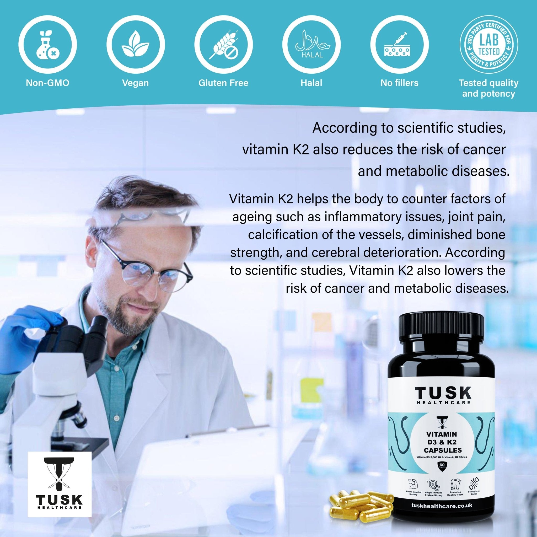 Vitamin D3 and K2 MK7 Capsules - Muscles, Bones & Immune System Health - TuskHealthCare