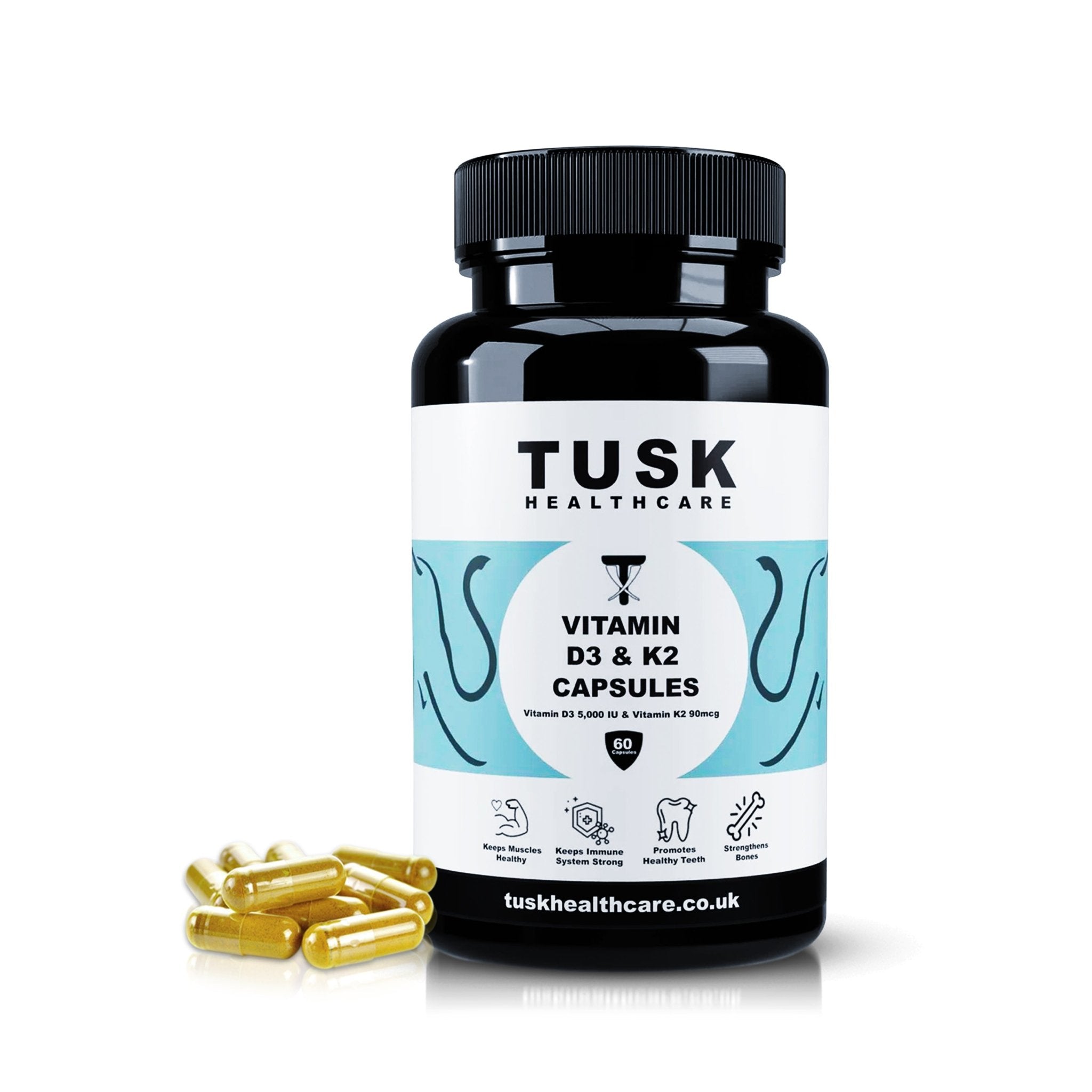 Vitamin D3 and K2 MK7 Capsules - Muscles, Bones & Immune System Health - TuskHealthCare