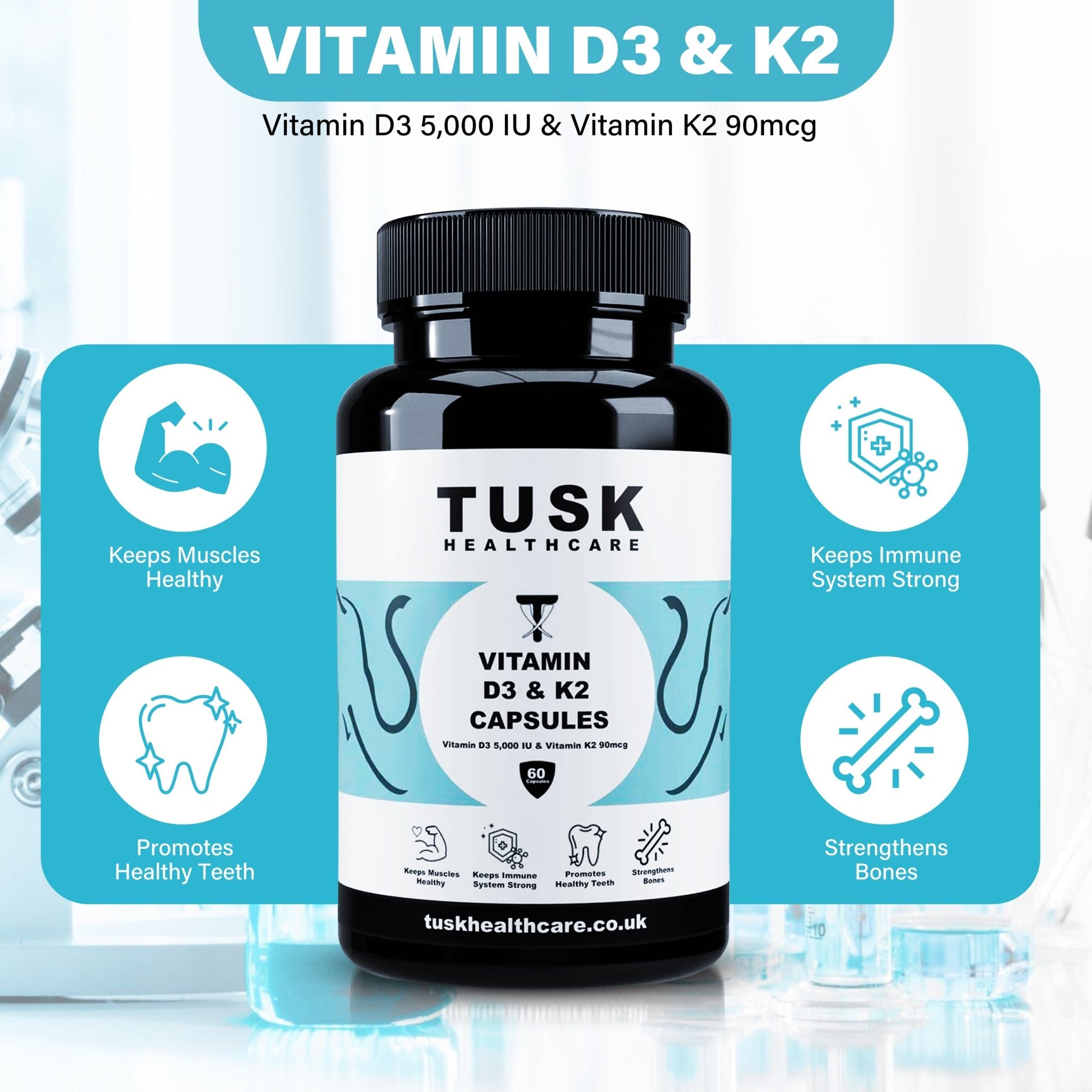 Vitamin D3 and K2 MK7 Capsules - Muscles, Bones & Immune System Health - TuskHealthCare