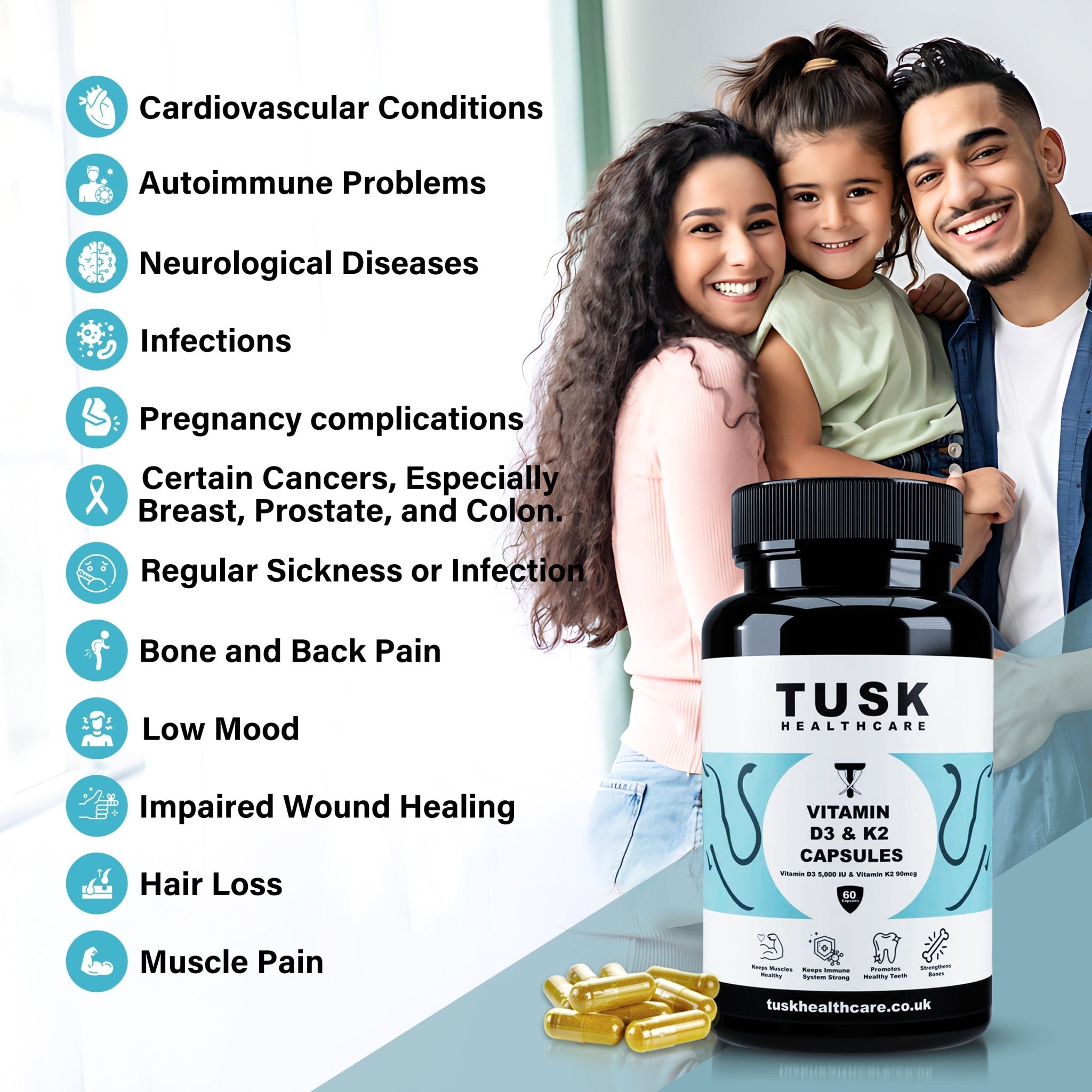 Vitamin D3 and K2 MK7 Capsules - Muscles, Bones & Immune System Health - TuskHealthCare