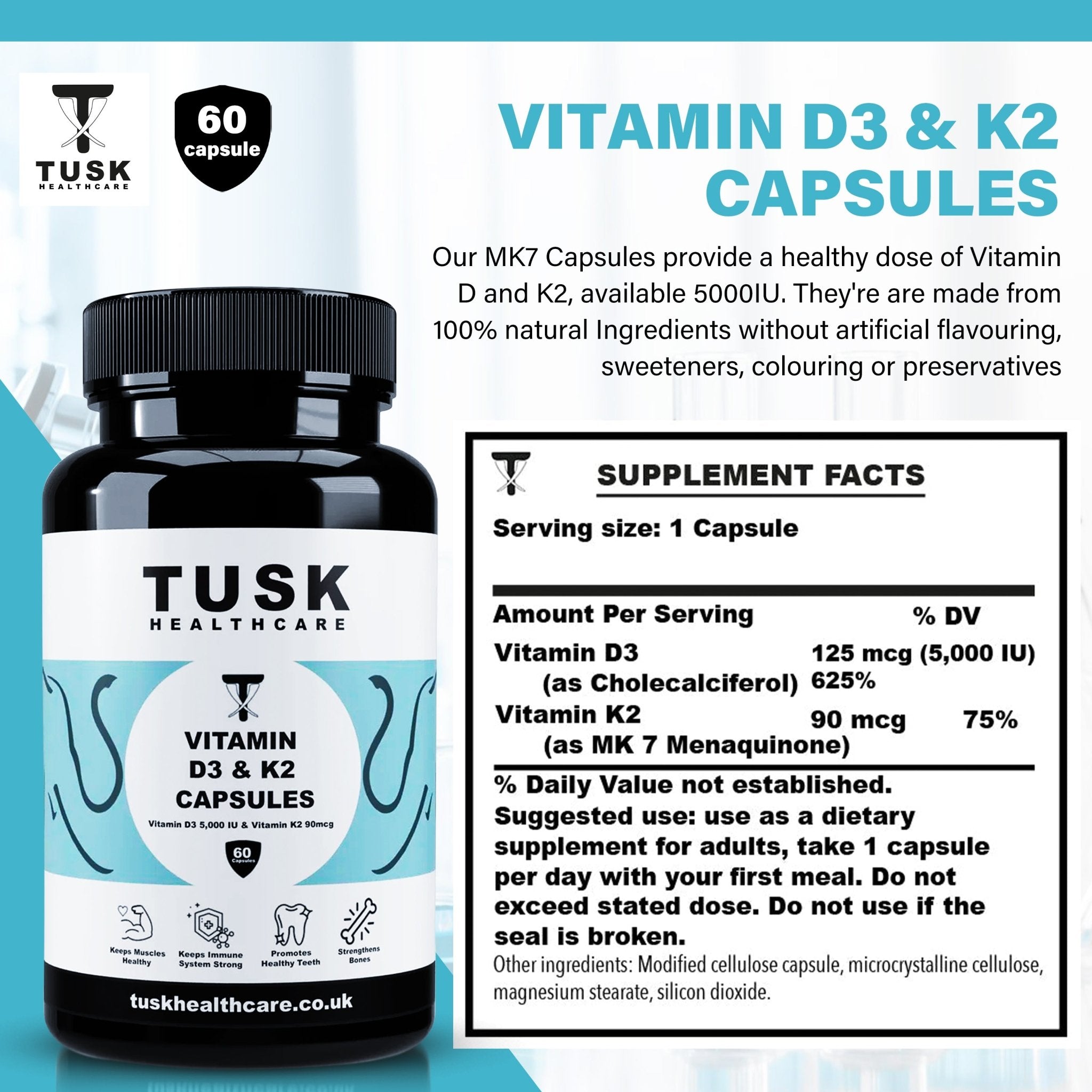 Vitamin D3 and K2 MK7 Capsules - Muscles, Bones & Immune System Health - TuskHealthCare